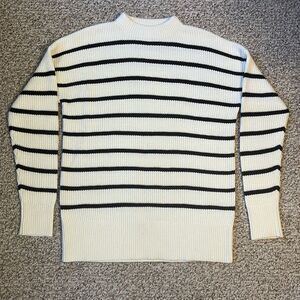 Zara Man Mens Striped Sweater Size L Mock Neck 10% Wool Stretch White Black